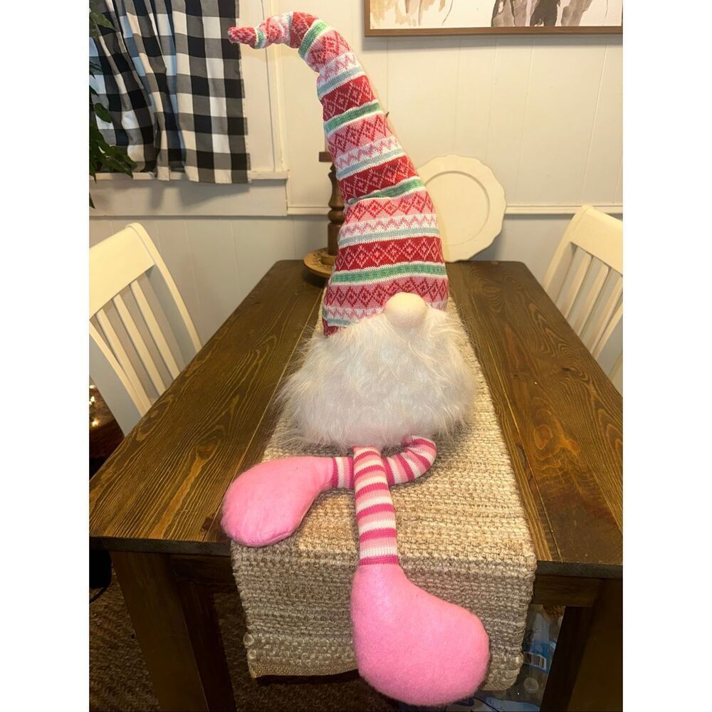 Gnome pink Fur Hat Dangle Leg shelf sitter valentines 20 inches sitting down plu